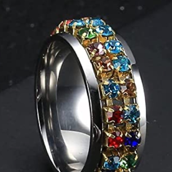 Stainless Steel Fidget Spinner Multicolored Jeweled Ring, Size 5 - Picture 7 of 9